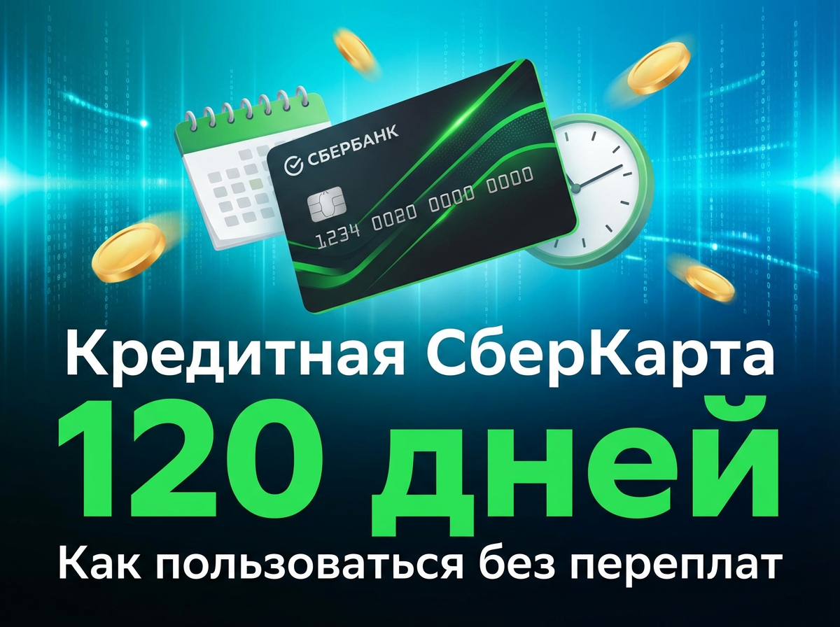 Кредитная СберКарта «120 дней»: как пользоваться без переплат и подводных камней Firefly_Gemini Flash_Постер для статьи о кредитной карте. В центре — парящая тёмная банковская карта с зел 40324