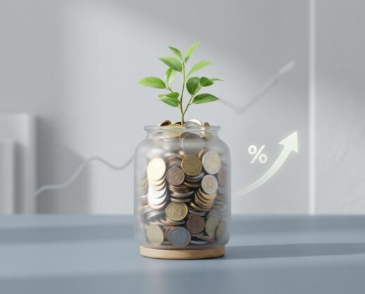Вклад в банке — накопления в матовой стеклянной банке с монетами и растущим ростком