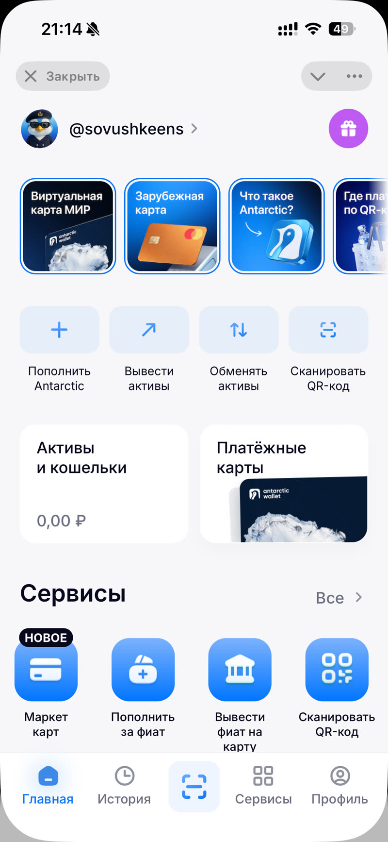 Antarctic Wallet — главный экран приложения